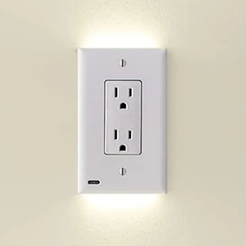 Duplex Electrical Outlet Cover Plugboard Plug-In Electrical Receptacle Wall Plate With LED Night Lights Up and Down- Auto Sensor