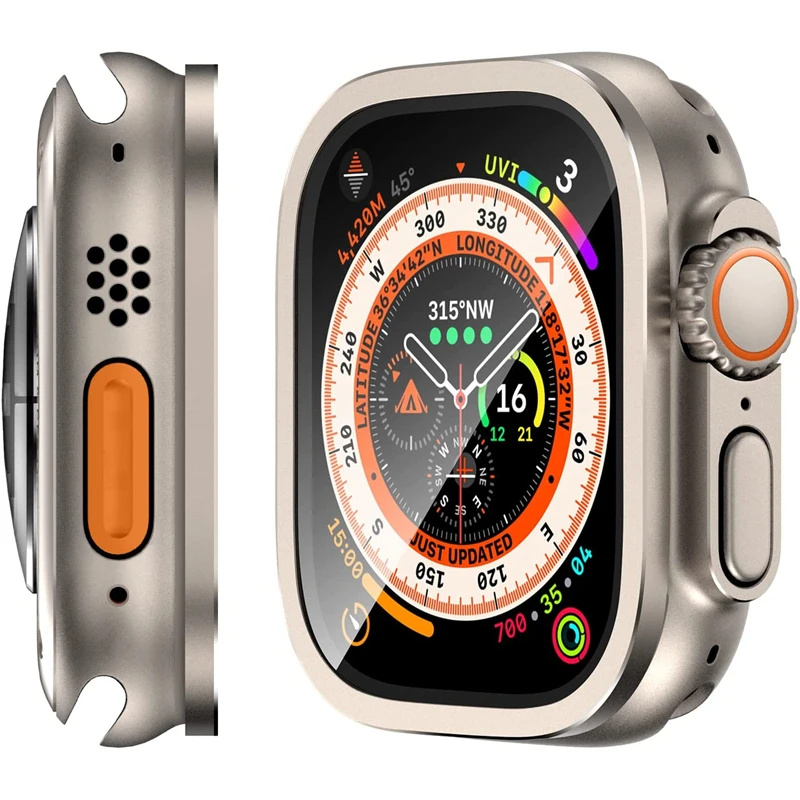 

Рамка из титанового сплава + защитное стекло 9H для часов Apple Watch Ultra 49 мм с полным покрытием для Apple Watch Series 49 мм