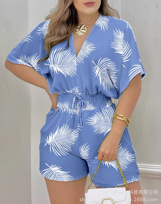 Women's Casual Style Romper 2024 Spring Summer Latest V-Neck Tie Dye Print Batwing Sleeve Shirred Bodysuit Short Sleeve Jumpsuit