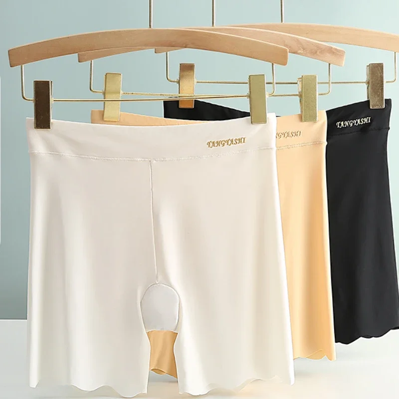 M~4XL Women's Safety Pants Thin Nude Breathable Non-curling Boxer Brief Ice Silk Seamless Shorts High Waist Solid Short Pants safety shorts high waist shorts safety pants