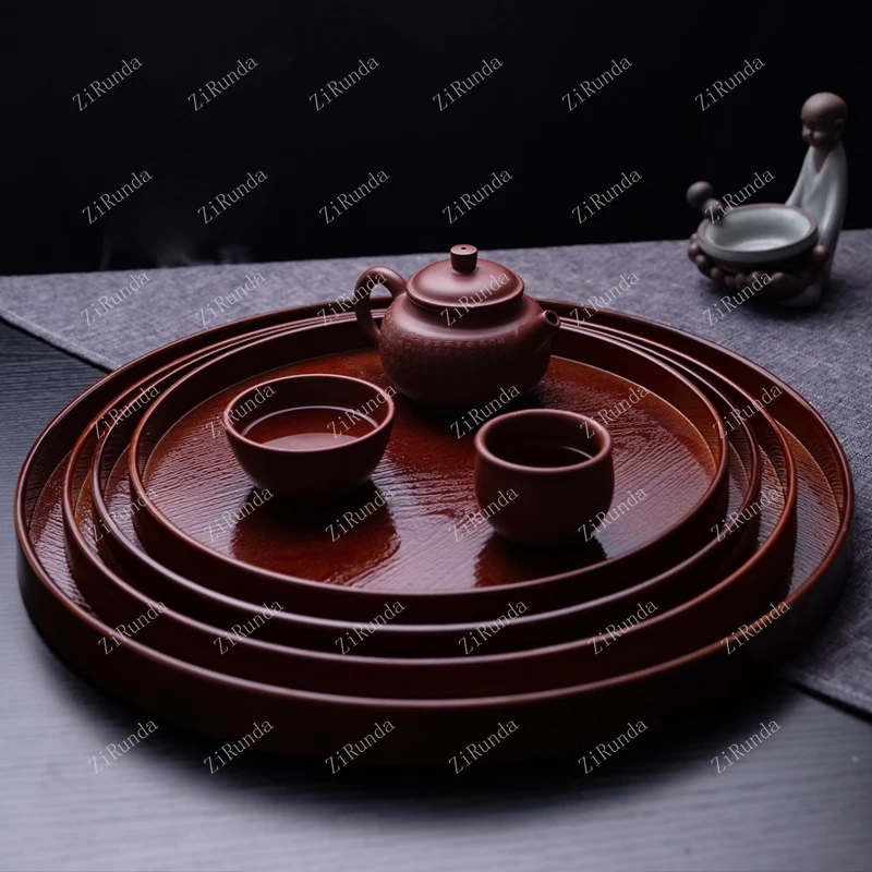 *Round Tea Tray Household Wood Grain Water Cup Tray Household Fruit
