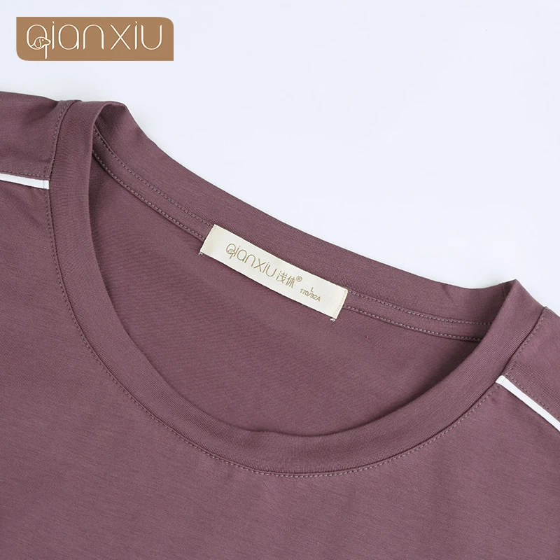 Summer New Men's Cotton Solid Color Short Sleeve Round Collar Top Stripe Shorts Home Set Simple  Sleepwear Home Suit