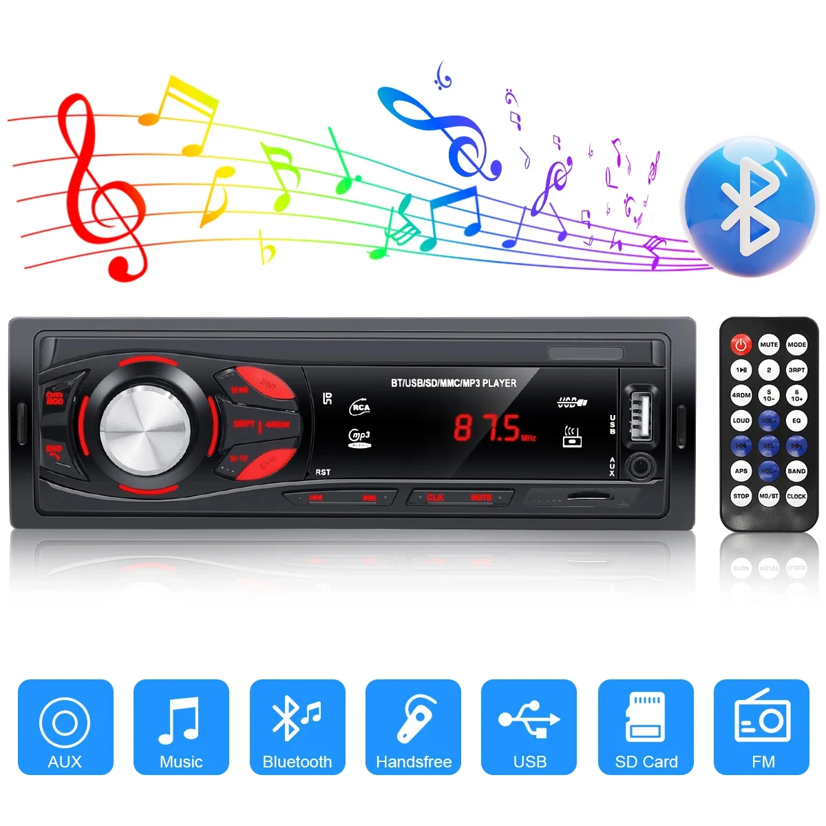 PHONEPACE Bluetooth autoradio 4x15W voiture Audio FM Radio lecteur MP3 USB/SD/AUX appel mains libres avec télécommande sans fil