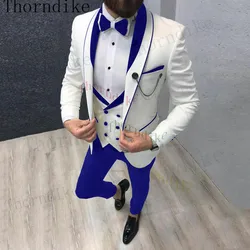 Thorndike Latest White Suits For Wedding Tuxedos Groom Royal Blue Lapel Groomsmen Outfit Man Blazers Costume Homme