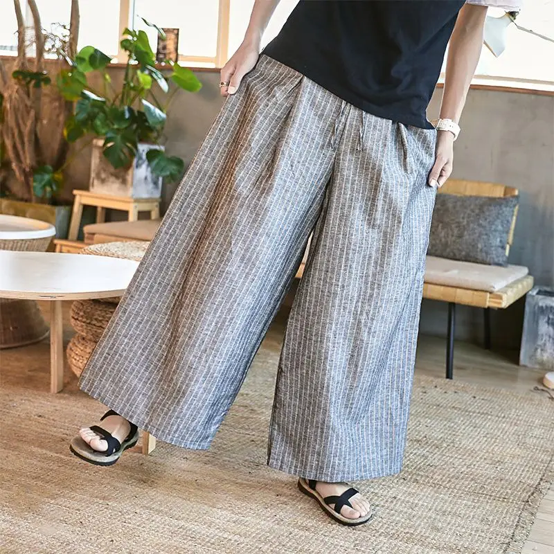 5 Colors Harajuku Cotton Linen Pinstripe Breathable Straight Pants Men's Streetwear Fashion Elastic Waist Loose Casual Skirts