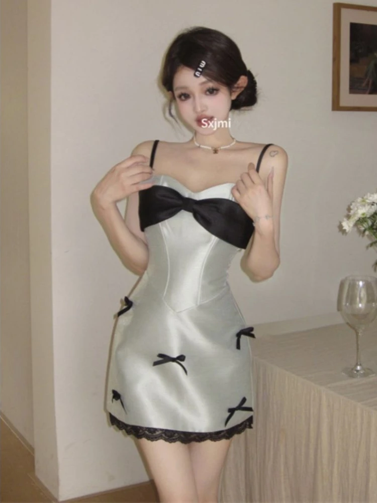 

ADAgirl Kawaii Bow Mini Dresses for Women Pink Lace Patchwork Spaghetti Strap Summer Bodycon Dress Y2k Ballet Cutecore Clothes