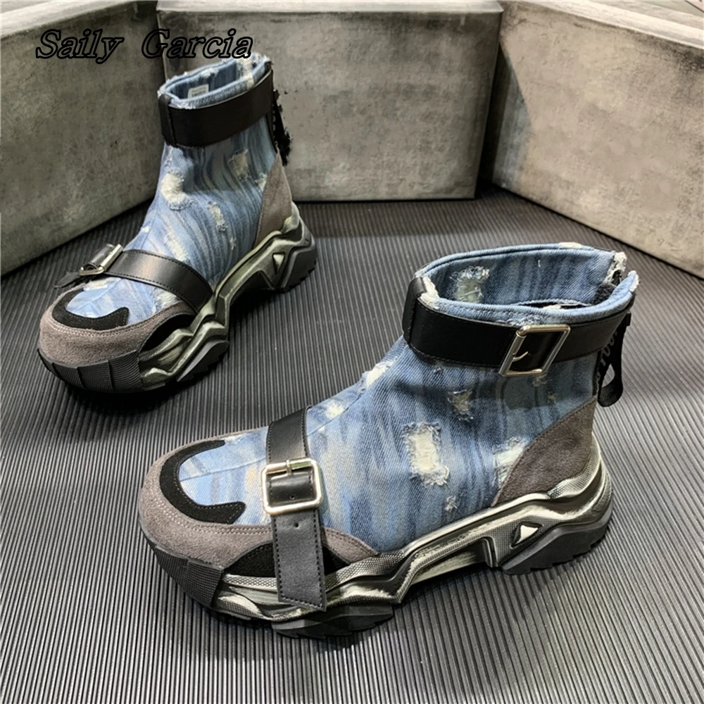 

Retro Denim Blue Belt Buckle Decorate Cool Girl Motorcycle Boots Chiristmas Wild Sexy Boots Round Toe SPlatform ide Zippeer Shoe