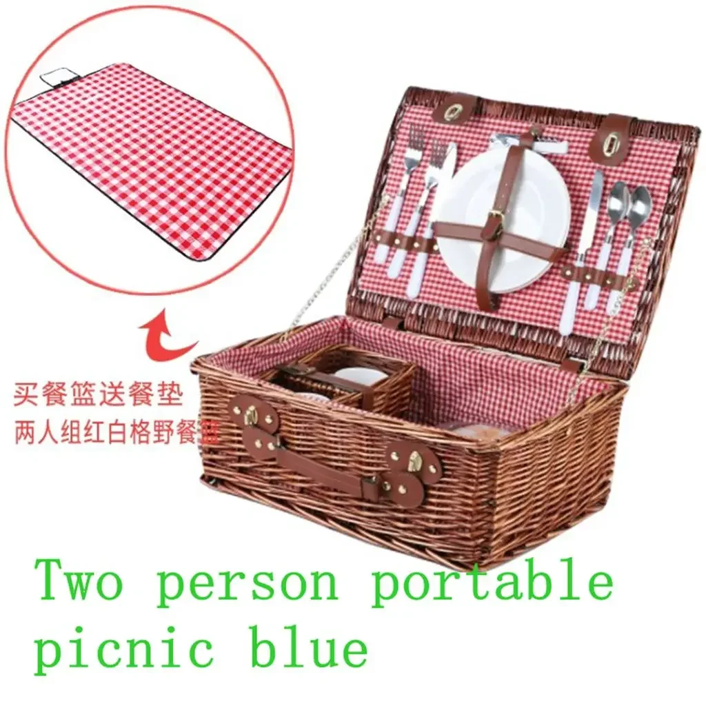 Rural style rattan diagonal cross storage basket, portable picnic basket with cover, outdoor camping picnic basket, blue 5