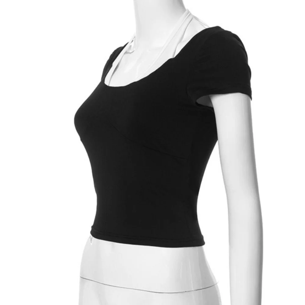 Cute Y2K Fake Two Pieces Top Bottoming Shirt Spicy Girl Style Slim Halter Crop Top Women Chic Short Sleeve T-shirts Streetwear
