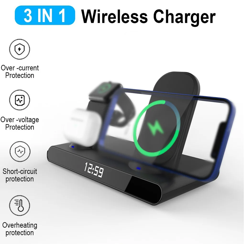 

Беспроводное зарядное устройство 15 Вт 3 в 1, часы 12 В, зарядная станция, портативный дисплей температуры, многофункциональная настольная док-станция
