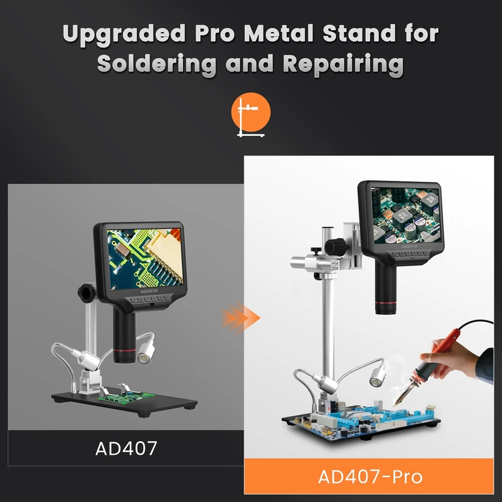 Andonstar AD407PRO HDMI 디지털 현미경 회로 기판, PCB 납땜 현미경, 휴대폰 시계 업그레이드, 12.5 인치 금속 스탠드