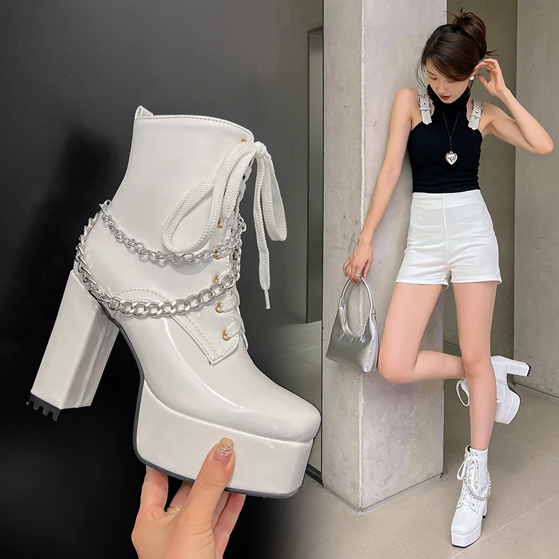 

2023autumn winter Women ankle boots plus size 22-26.5CM patent leather side zip modern boots lace uop metal chain platform boots