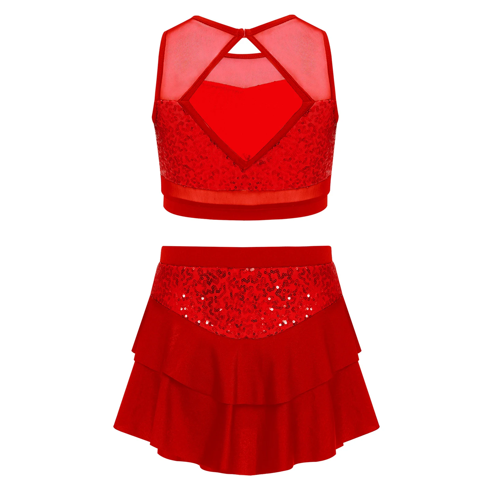 Kids Girls Cheerleading Uniform Cheerleader Ballet Jazz Dance Performance Costume Shiny Sequins Crop Top with Tiered Skirt for