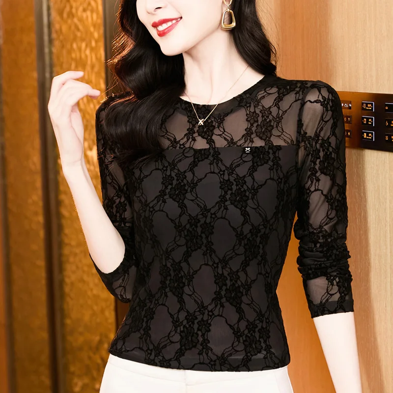 High Collar T Shirt - Korean Fashion Floral Mesh Long Sleeve Tees For Women