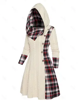 Plus Size Knitted Hooded Sweater Dress Vintage Plaid Print A Line Long Sleeve Casual Winter Dress