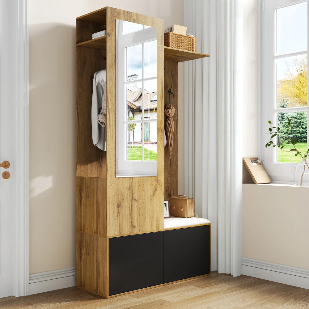 Das Kleiderschrank-Set enthält 5 Kleiderhaken, ein Spiegel, ein Schuhschrank, ein oberes Regal mit verstecktem Hängebereich und einer Kleiderschrankbank – Detail 10