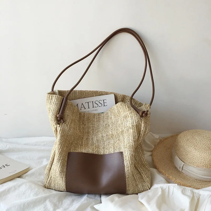 

PU Straw Patchwork Women's Handbag Woven Tote with a Inner Bag Large Capacity Beach Composite Bag for Holiday