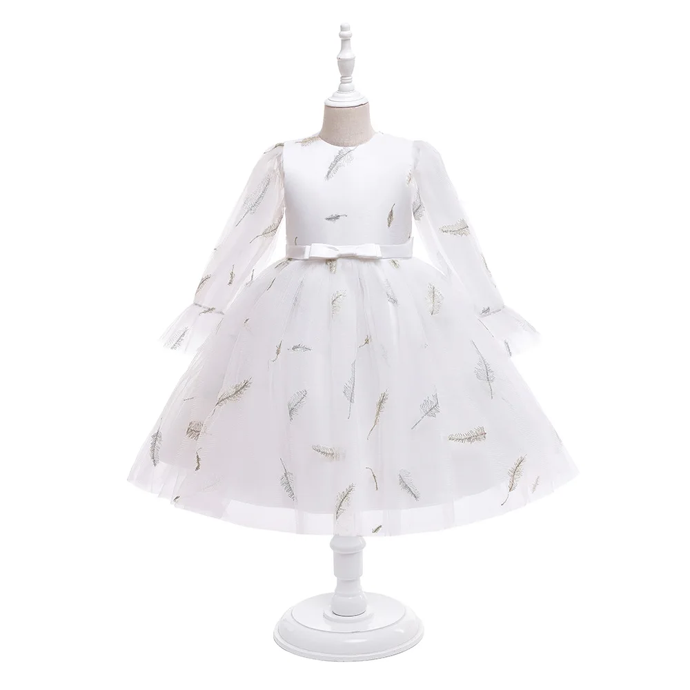 

ELBCOS 4-14T Embroidery Feather Lace Sleeve Long Sleeve Bow Belt Lace Costumes Evening Full Dress