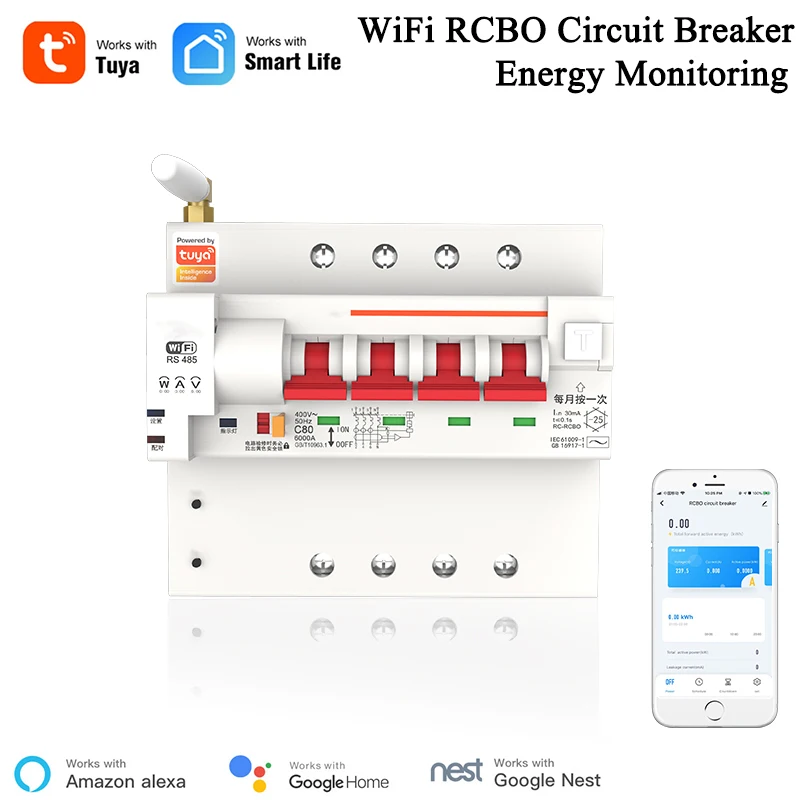 

Tuya Smart Life APP RCBO Circuit Breaker with Power Monitoring 4P WiFi RCBO MCB Leakage Current Short Circuit Protection Alexa