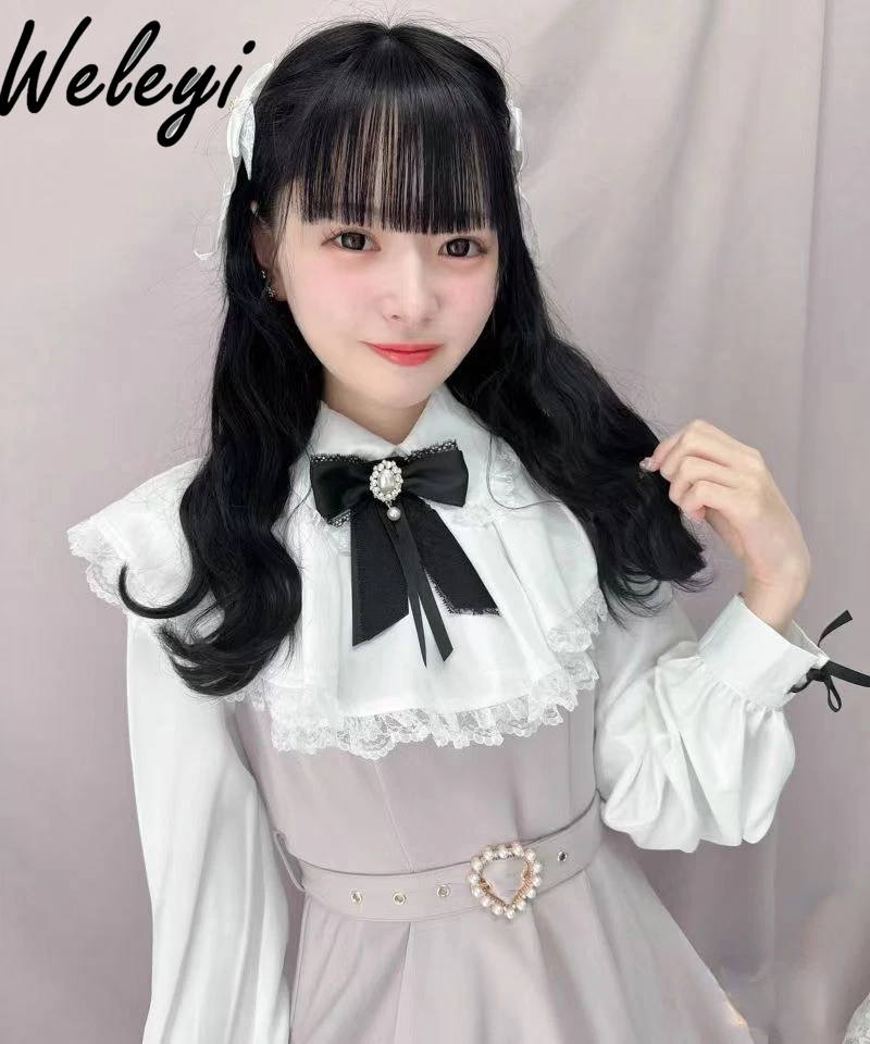 

Women's Elegant Dresses Japanese 2024 Summer Retro Belt Plaid Brooch Mine Style Mass Production Fake Two Piece Long Sleeve Dress
