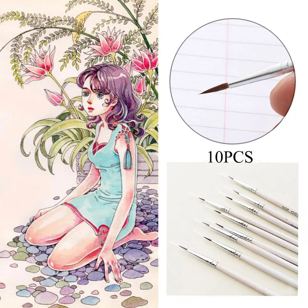 

10PCS Craft Thin Hook Watercolor Point Tip Line Drawing Pen Nylon Fiber Hair Artist Paint Brush