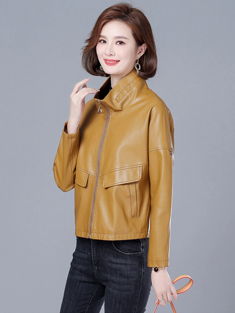 New Women Sheep Leather Jacket Spring Autumn Fashion Stand Collar Casual Loose Split Leather Outerwear Short Leather Coat
