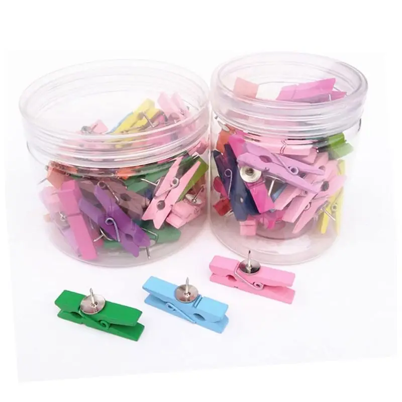 GW-50개 나무 푸시핀 및 압정 장 공예 종이 클립 (메모, 사진, 코르크보드용) 랜덤 색상