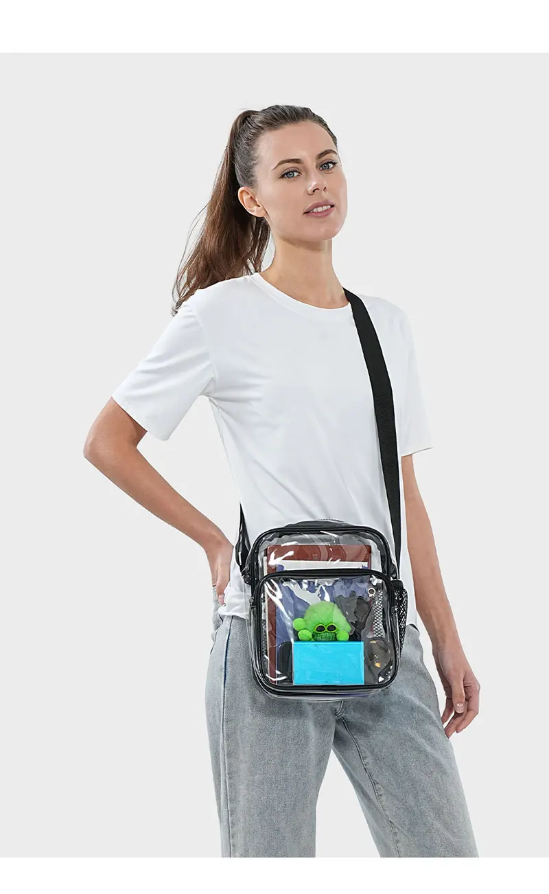 TINYAT Leichte, wasserdichte, transparente PVC-Tasche für Damen mit Netzgurt, Kopfhöreranschluss und Regenschirm, für Handys mit 9,7 Zoll iPad