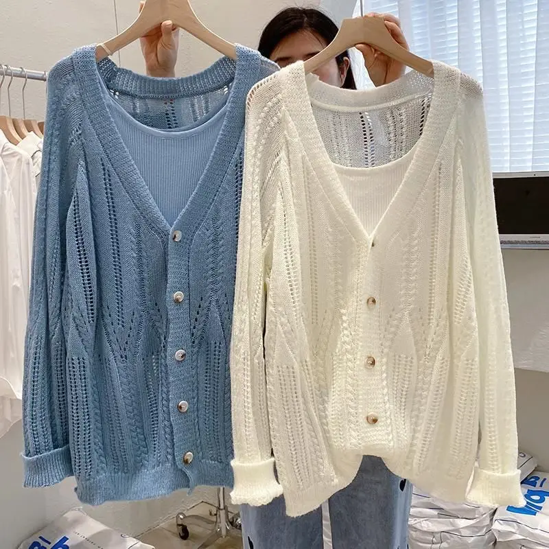 여름 니트 가디건 레이지 할로우 솔리드 컬러 긴팔 V넥 대학 스타일 올 매치 레이지 비치 탑 의류