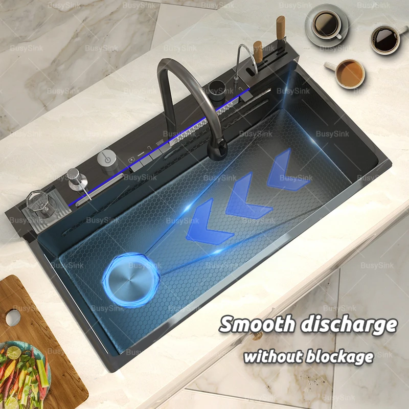 Stainless Steel Waterfall Kitchen Sink Cup Washer Knife Rack Embossed Extra Large Single Slot Apartment Left Side Drainage kitchen sink