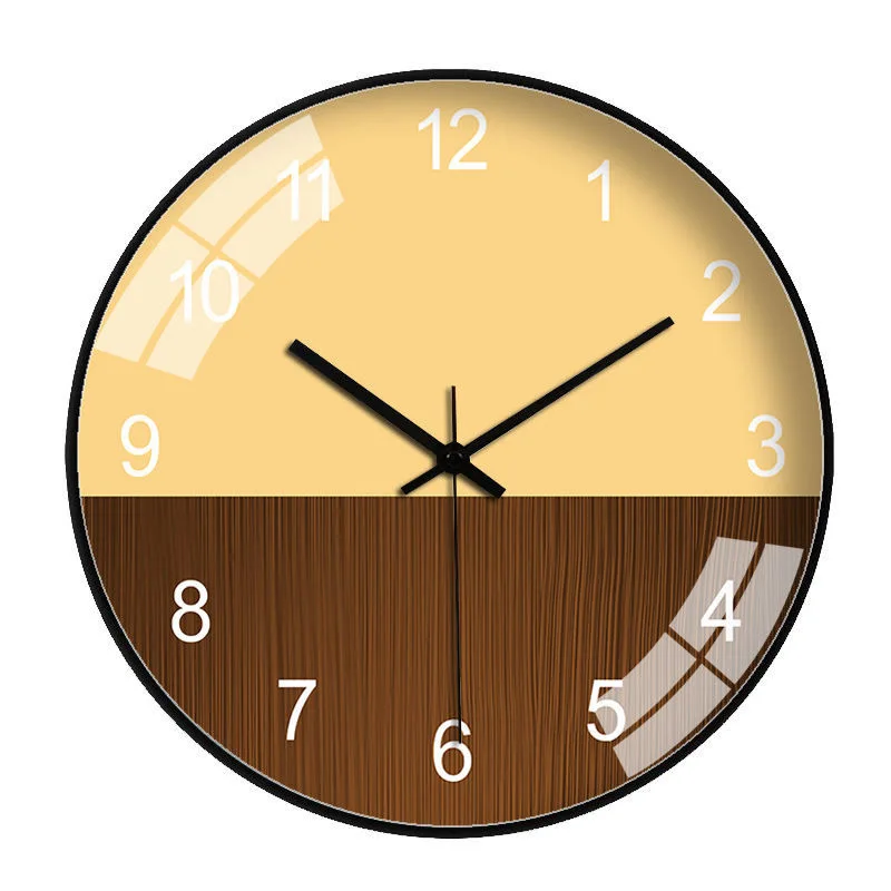 Wood Grain Simple Black Punch-free Wall Clock Golden Mute Cartoon Glass Clock Color:059H;Sheet Size:14 inch (35cm)