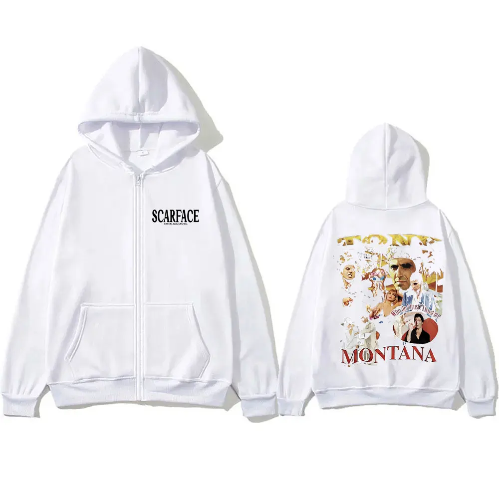 Vintage Movie Scarface Tony Montana Zipper Hoodie Al Pacino Graphic Hoodies Men Women Casual Cotton Rock Oversized Zip Up Jacket