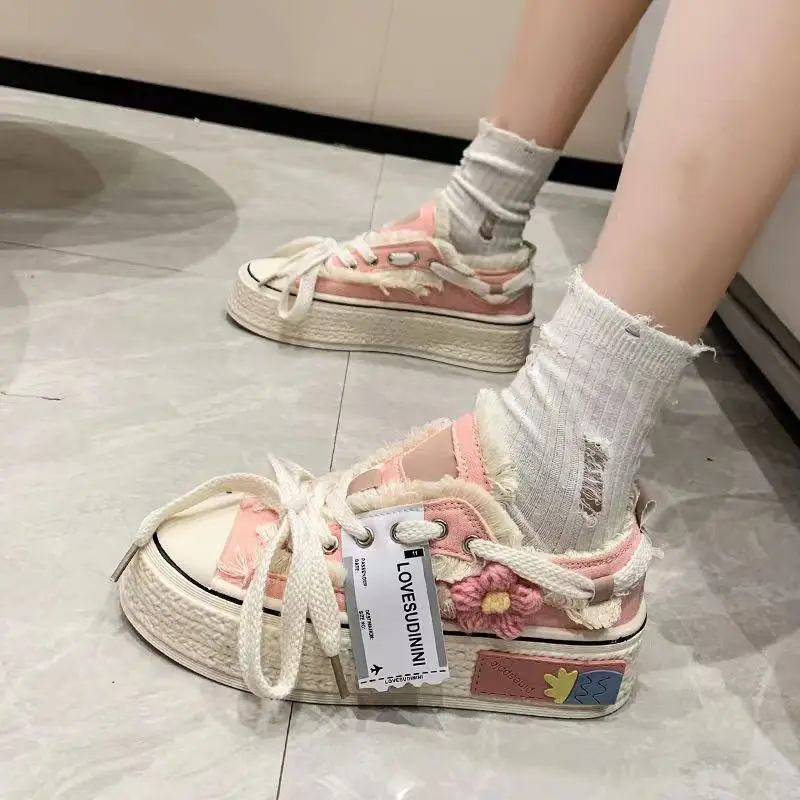 Classic Womens Style Breathable Floral Canvas Shoes Autumn Thick Platform All-match Student Sneakers Zapatillas Mujer