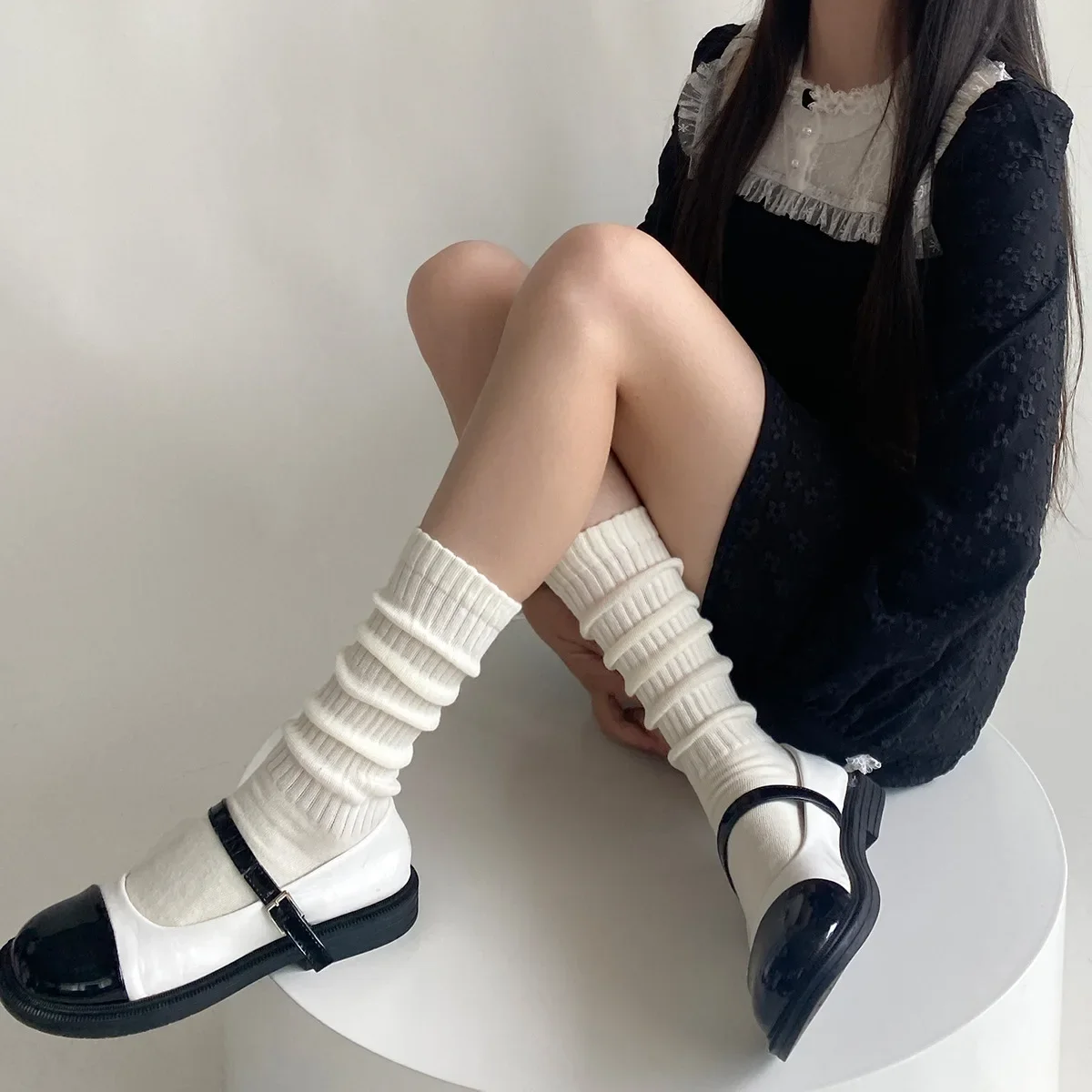 

Women Socks Autumn Winter Knitting Cotton Solid Color Long Socks Stockings Women JK Lolita Sweet Girls Kawaii Cute Ruffle Socks