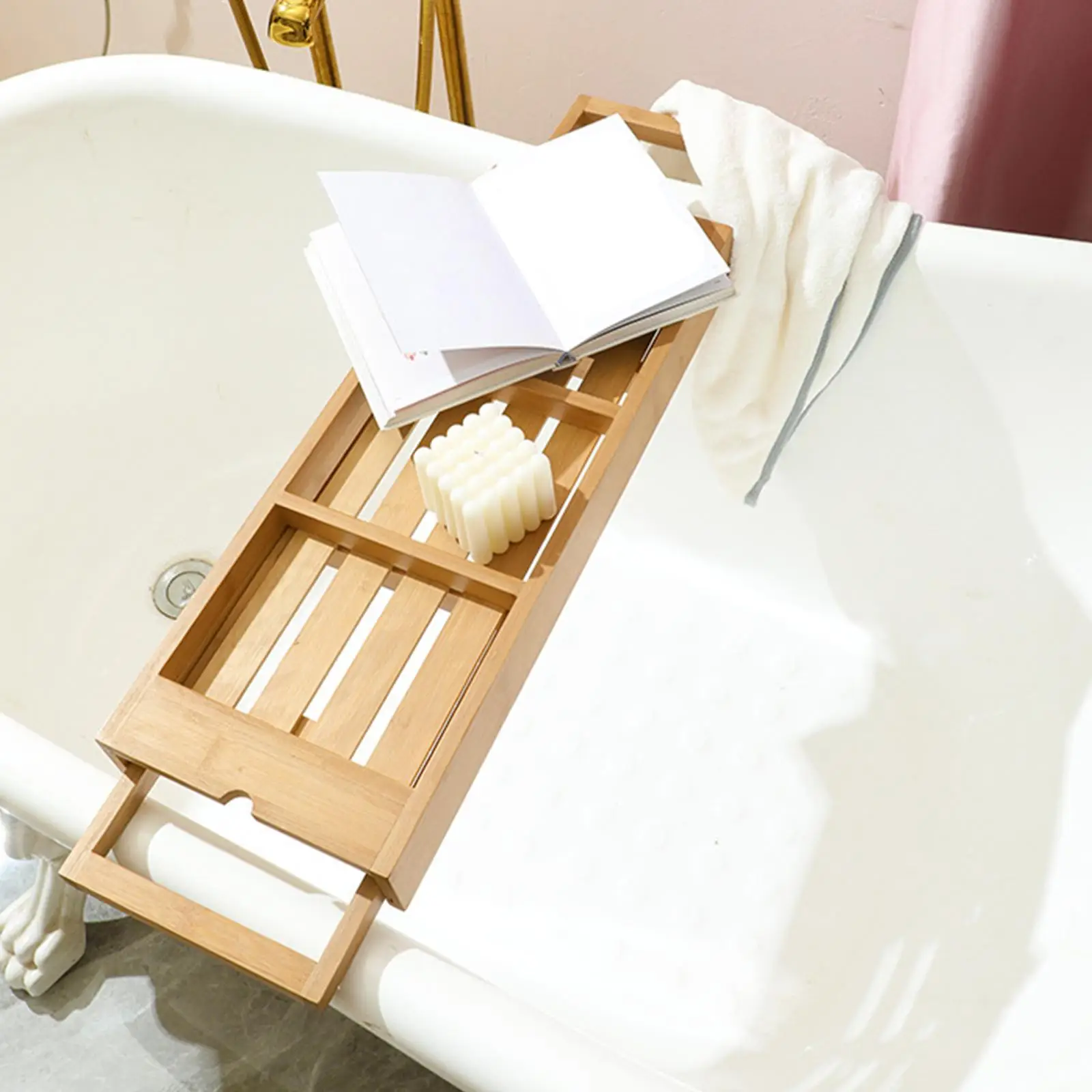Bath Caddy Non Slip Stretchable Drinks Book Soap Expandable Bath Shelf Bathtub Tray for Tealight Towel Breakfast Bathroom Drinks