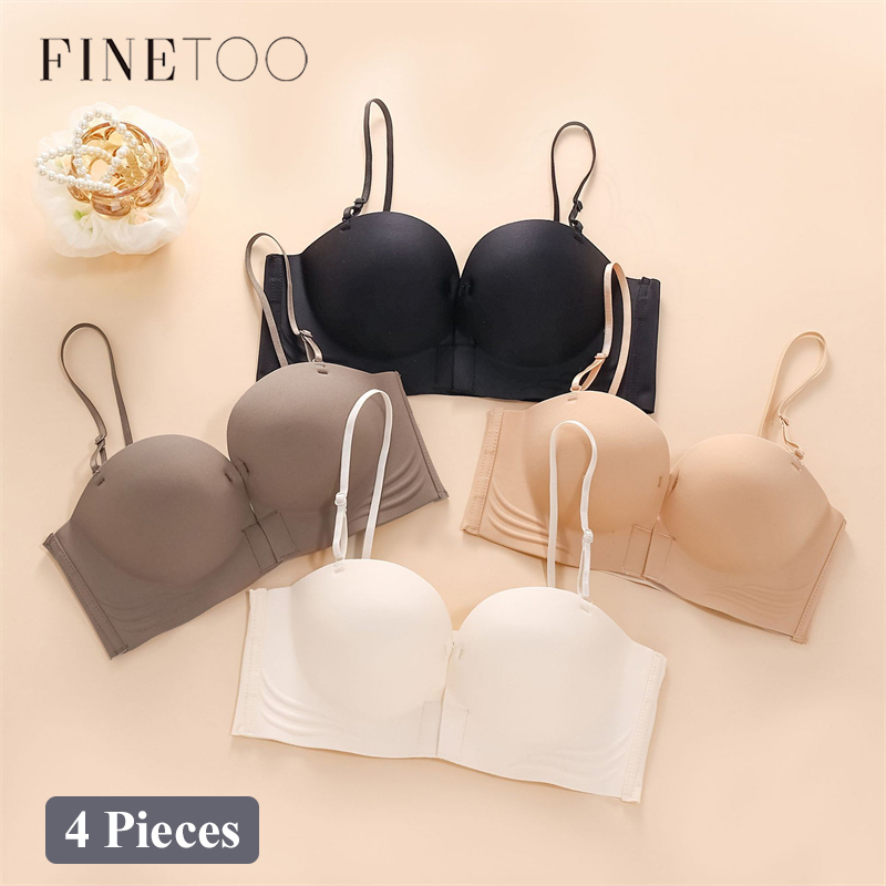 4pcs Women's Push-up Strapless Bras Front Buckle Brassiere Sexy Girl Small Chest Underwear Breathable Gathered Bralette Lingerie