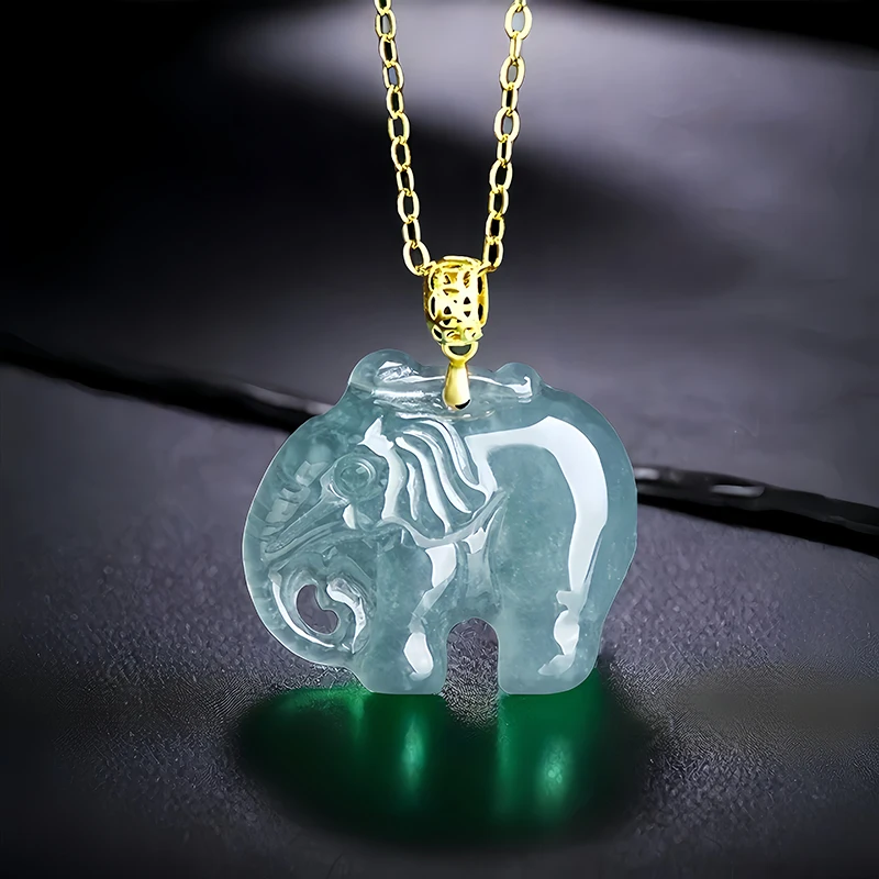 

Blue Myanmar Jadeite Elephant Pendant Necklace Real Burmese Jade 18K Gold Plated Talismans Fashion Accessories Man Charm Stone