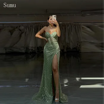 Green Strapless Side High Split Prom Dress Beaded Sheath vestidos de noche Elegant Sleeveless Formal Evening Customized