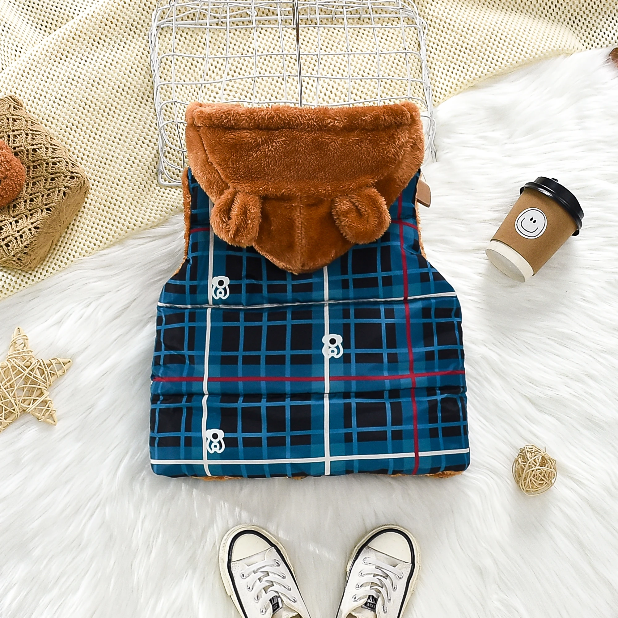 Winter New Boys Vest, Hooded Furry Plaid Pattern Thermal Underwear Sleeveless Zipper Horse Season Bear Ears