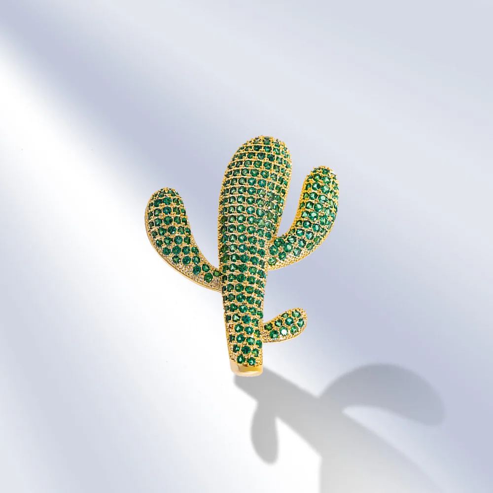 Blucome Green Cubic Zircon Cactus Plant Brooches Wedding Party Dress Coat Decoration Luxury Charming Cactus Woman's Brooch Pin