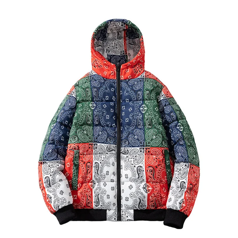 Winter Jacket Men Bandana Print Patchwork Cotton Padded Coat Thick Warm Hooded Varsity College University Outerwear New 2024 3