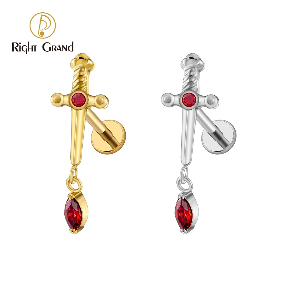 Right Grand ASTM F136 티타늄 16G 후작 혈액 CZ 댕글 단검 플랫 백 스터드 Labret 칼 스터드 귀걸이 연골..