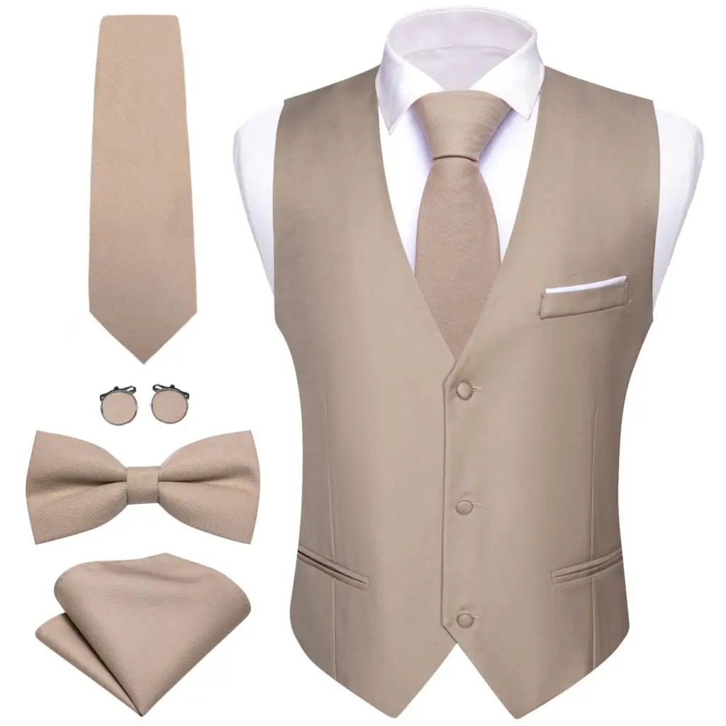 

Designer Men's Vest Silk Satin Solid Khaki Waistcoat Tie Bowtie Hanky Set Wedding Formal Male Suit Sleeveless Jacket Barry Wang