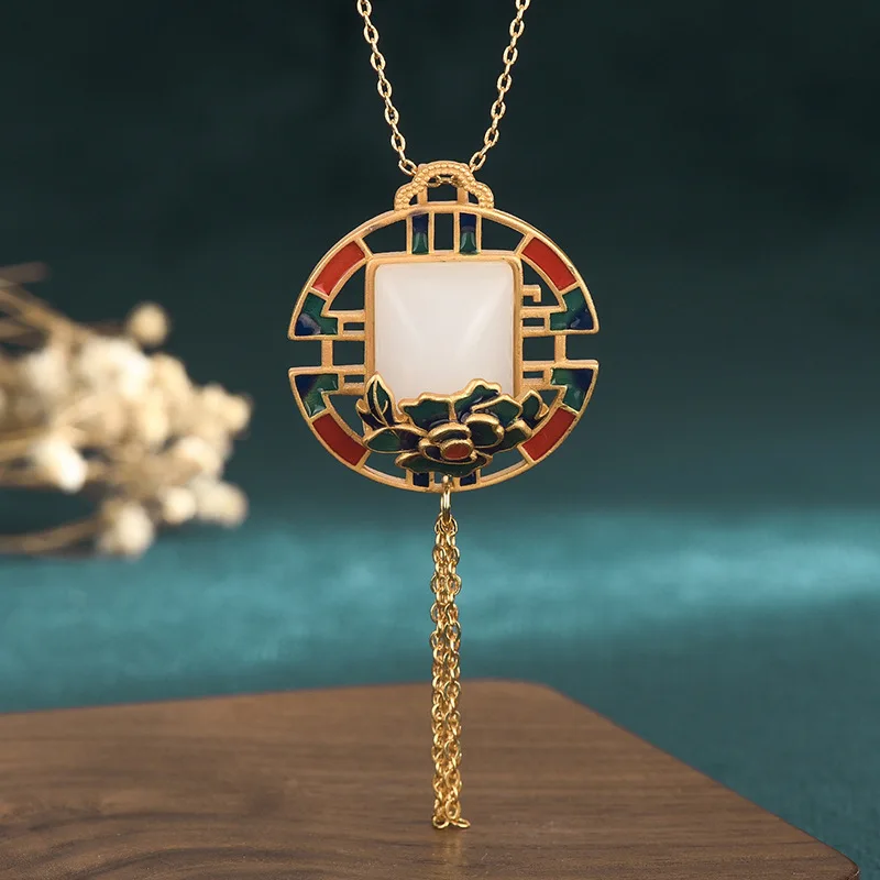 

China Style Women Jewelry Necklace Gold Hollow Accessories Enamel Painted Flowers White Jade Retro Long Tassel Pendant Necklaces