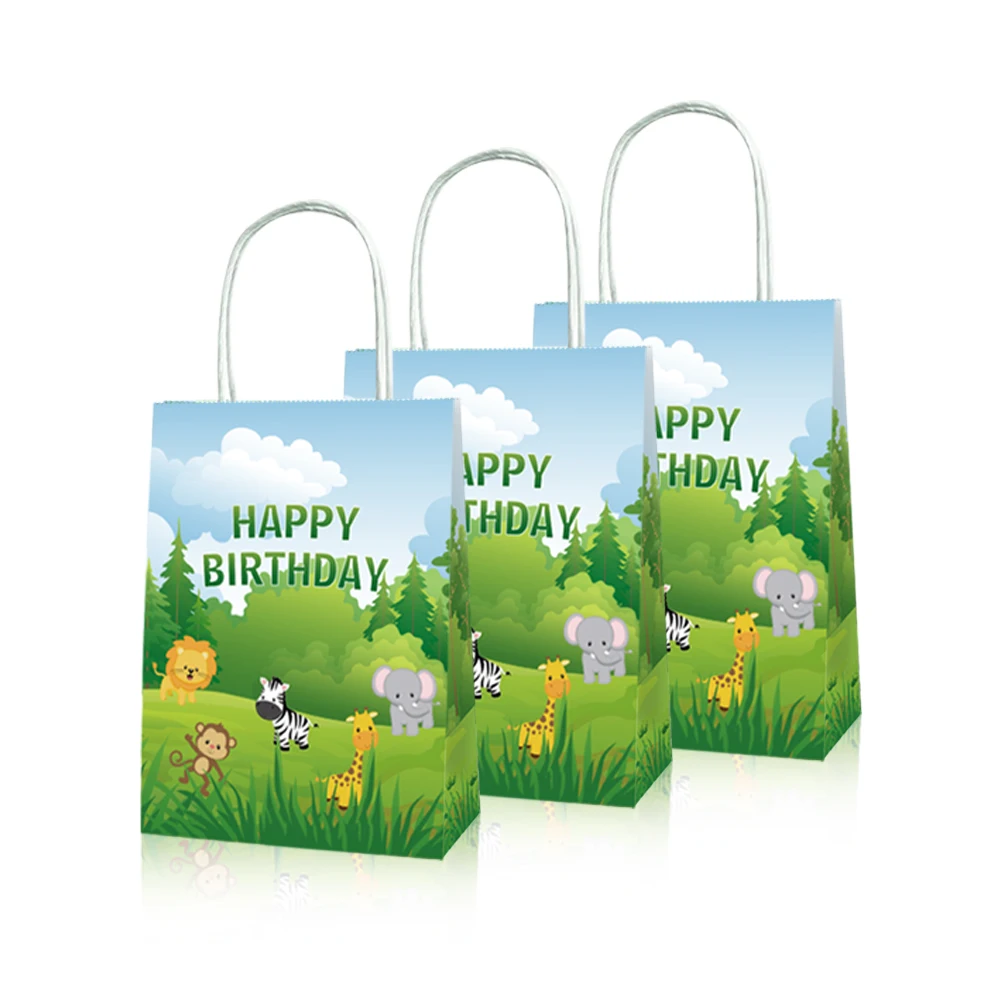 

BD005 12Pcs Kids Cartoon Jungle Animals Birthday Party Portable Candy Packing Tote Paper Gift Bags Wild ONE Baby Shower Party
