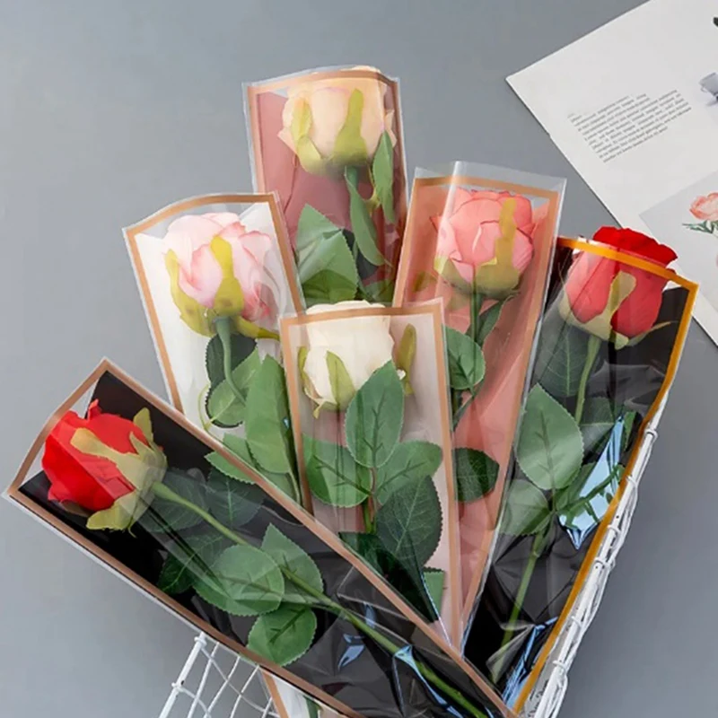 50 Piece Single Rose Sleeves Flower Wrapping Bag Bouquet Packaging Bags Floral Wrappers Plastic For Valentine's Day