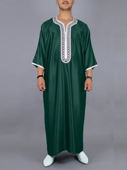 New Moroccan Green Arab Robe for Men Traditional Islamic Casual Clothing Embroidered Muslim Robe