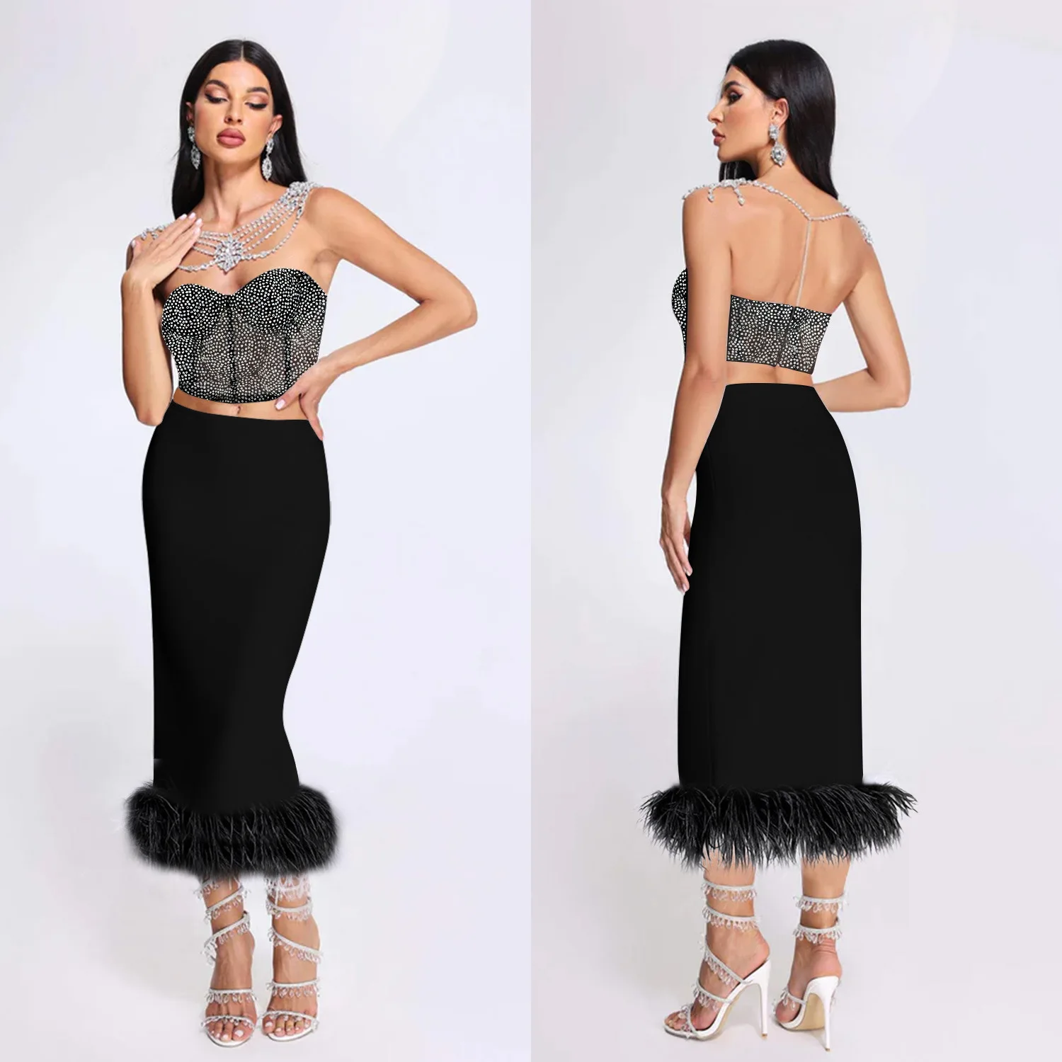 Rhinestone 2 Piece Skirt Sets Sexy Crop Tops Outfit 2023 Winter Party Evening Feather Dress Sexy Luxury Two Piece Set Clothes