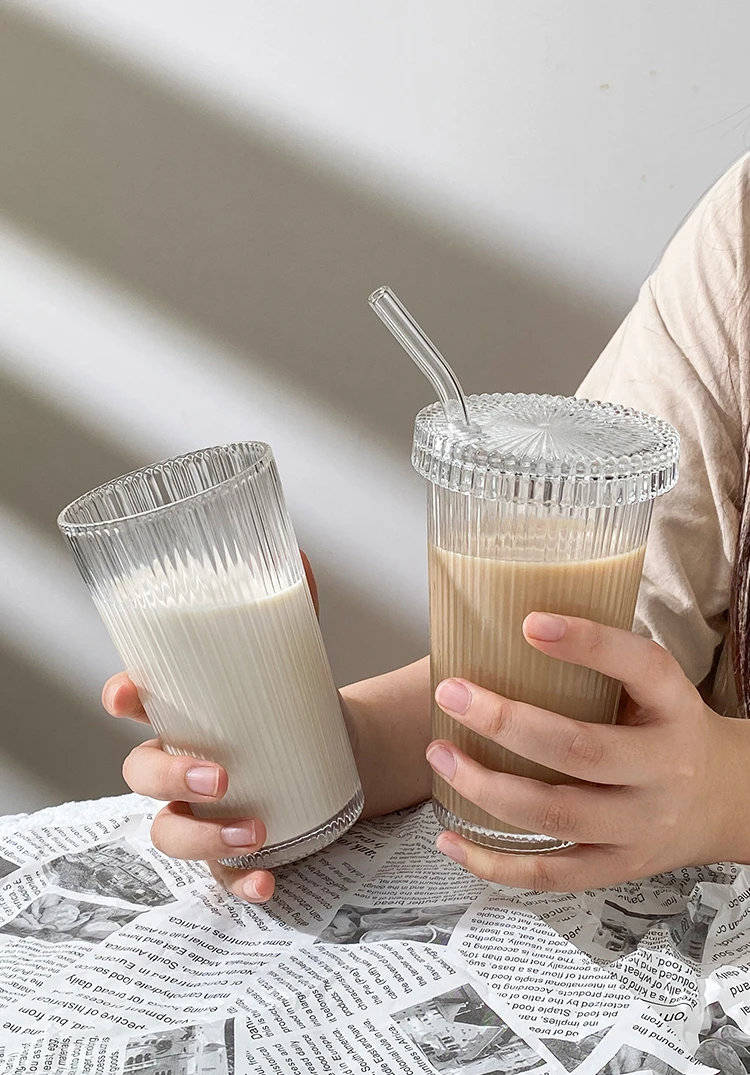 Verre à Rayures Transparent Avec Couvercle Et Paille, Tasse à Café