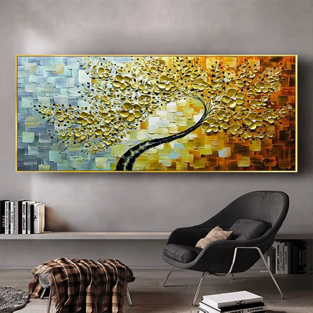 

100% Handmade Oil Painting On Canvas Golden Thick Textured Wall Art 3d Trees Pictures For Home Decor Gold Tree Paintings Artwork